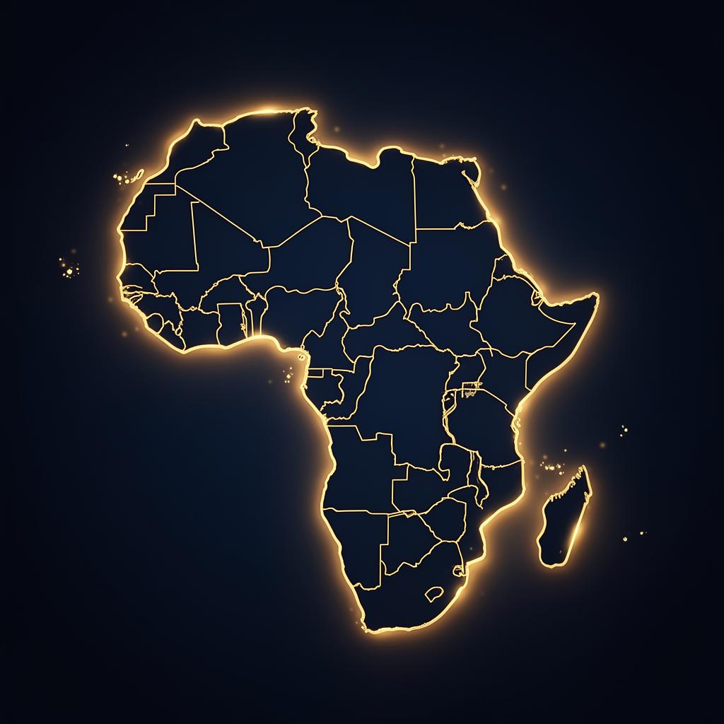 Illustrated map of the African continent with all 54 nations highlighted in warm gold.