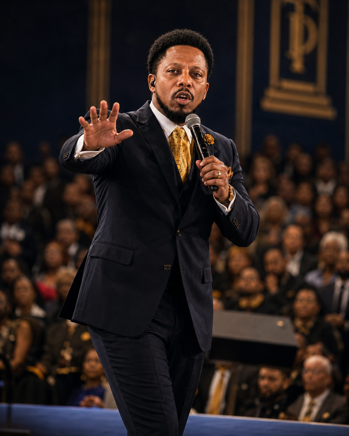 Pastor Tyrone Simpson with commanding stage presence ready to address an audience
