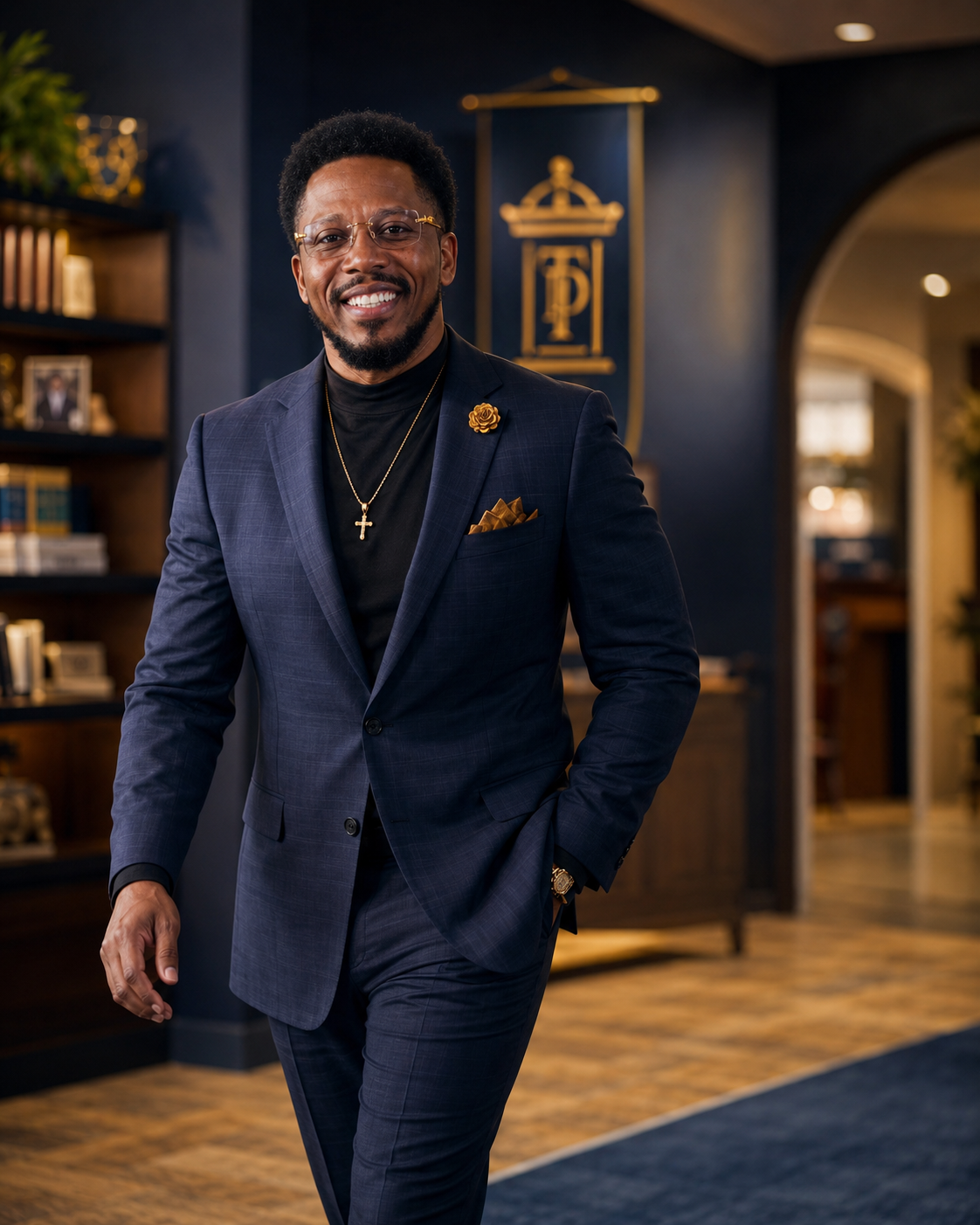 Professional host portrait of Pastor Tyrone Simpson on a polished studio set